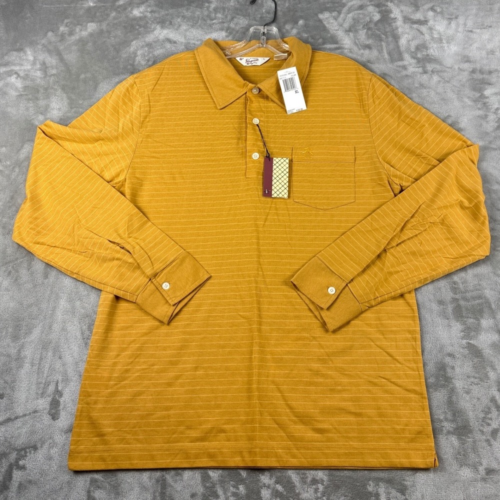 Original Penguin Mens XL Mustard Yellow Striped Long Sleeve Polo Shirt NWT